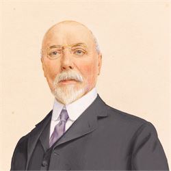 Manner of the Vanity Fair Cartoonists (1869-1914): 'Sir James Williamson' -1st Baron Ashton, gouache indistinctly signed with monogram, titled verso 53cm x 38cm (unframed)
Notes: This appears to be a rare surviving depiction of Sir James Williamson, a famously private individual who was known for shunning formal portraits. Now referred to as 'The Lino King', Williamson took over his father's Lancaster business and built a monopoly on cheap cork linoleum. The Lune Mills factory would employ a quarter of the Lancaster population. Despite controversies regarding his peerage and the possible exploitation of his workforce, his philanthropy and patronage given towards local causes has been highly celebrated. 