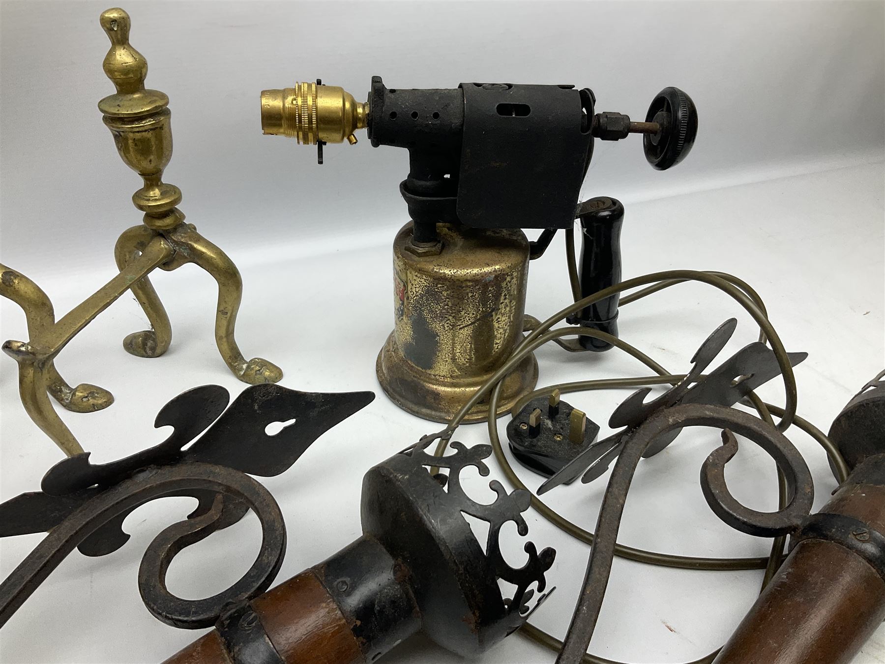 Two wood and metal candle wall sconces with fleurdelis mount, pair of