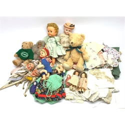 Victorian wax shoulder head doll with moulded hat, inset glass eyes and soft jointed body with wooden lower limbs H52cm; two continental small all bisque dolls; two Mr Punch rattle sticks and quantity of later dolls, teddies and doll's clothing