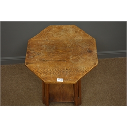  Arts & Crafts oak side table, octagonal top, four pierced supports with under tier, D51cm, H68cm  