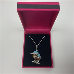 Silver Baltic amber and turquoise kingfisher pendant necklace, stamped 925