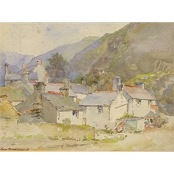  Figures in the Village, watercolour signed by E Nevil (British 19th/20th century), 'Cornfields Milford', watercolour signed Allan Thompson and Rural Village Scene, watercolour signed M Williams max 19cm x 26.5cm (3)   