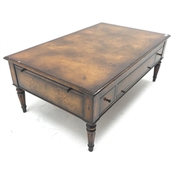 Regency style hardwood coffee table, two leather inset and two writing slides, four drawers, turned tapering reeded supports, W122cm, H49cm, D77cm