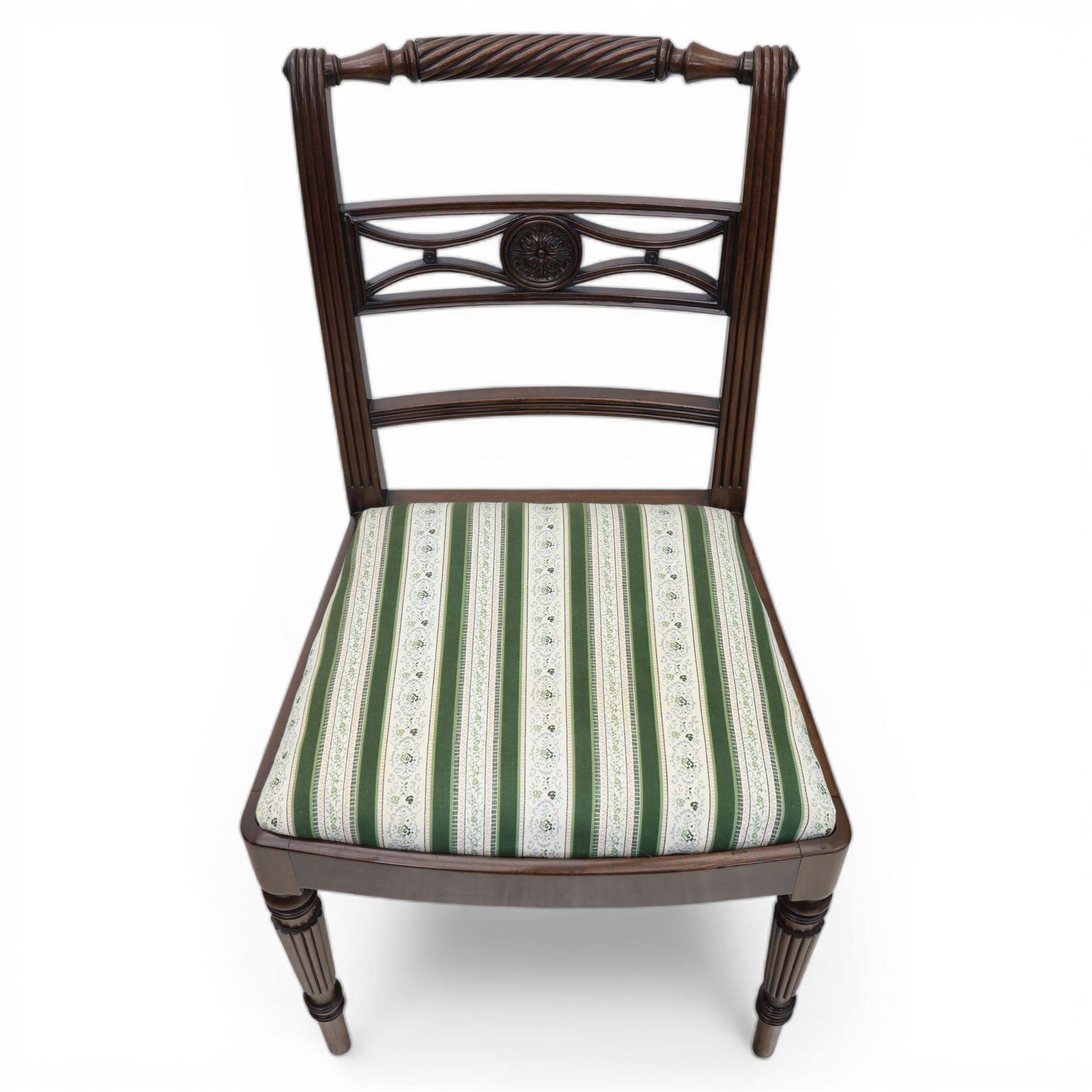 Pair of 19th century mahogany dining chairs, the wrythen top rail above a pierced splat and reeded side supports, above a white and green upholstered drop in seat, upon turned and reeded front and plain back legs