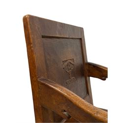 Mouseman - circa. 1930s set of six (4+2) oak dining chairs, panelled back carved with the Bagshawe family crest, the moto 'Forma Flos Fama Flatus' over an arm grasping a bugle-horn with ribbon tie and Yorkshire rose motif, adzed frame, leather lattice strap seat, on octagonal supports united by stretchers, two carvers and four side chairs, each carved with mouse signature, by Robert Thompson of Kilburn 

Provenance: Owned since manufacture by the Bagshawe family, descendants of the Staithes Group Artist Joseph Richard Bagshawe RBA (1870-1909).