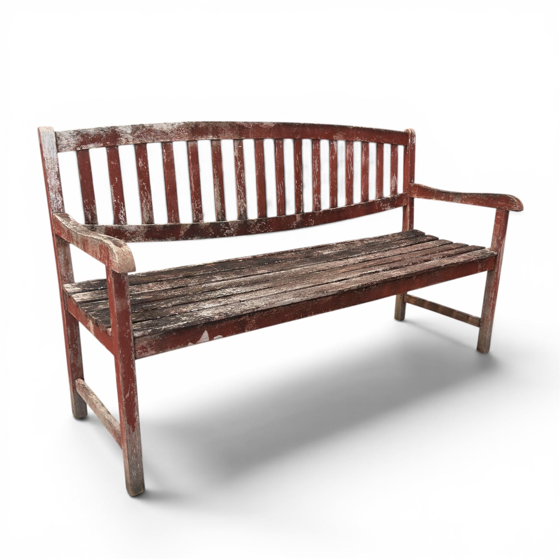 Teak garden bench, with slatted seat and spindle back, shaped armrests, finished in weathered red painted finish.