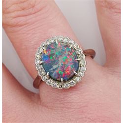 White gold and platinum milgrain set black opal and diamond cluster ring, stamped 18ct & Plat