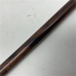 19th century malacca walking cane with scrimshaw handled in the form of a clenched fist holding a scroll, H86cm 