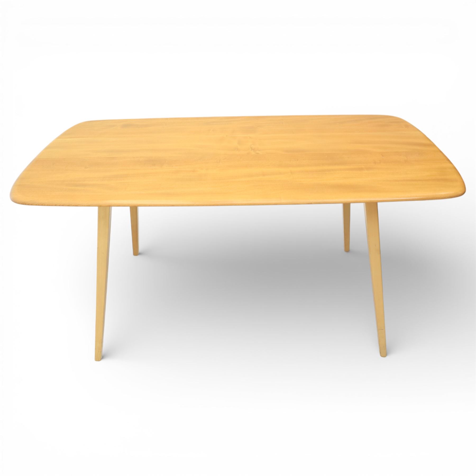 Ercol - elm dining table, rectangular plank top with rounded corners and moulded edge, raised on four tapering beech supports