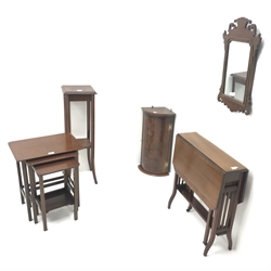  Small Georgian style figured mahogany bow corner cabinet, projecting cornice, dentil frieze, single door enclosing shelf (W37cm, H65cm, D29cm) a small Edwardian mahogany drop leaf Sutherland table, a jardiniere stand and a nest of tables  