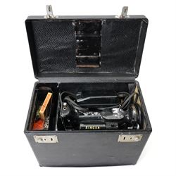 Singer model 222K Featherweight convertible sewing machine, cased with pedal and various accessories
