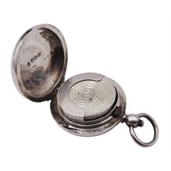 Late Victorian silver sovereign case, of plain circular form with engine turned sprung platform to interior, hallmarked Chester 1886, makers mark worn and indistinct, approximate weight 0.60 ozt (18.7 grams)