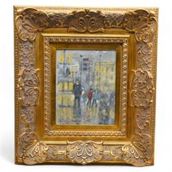 William Burns (Northern British 1923-2010): 'Street Scene - Rain', oil on board signed, titled verso 24cm x 19cm
Provenance: Direct from the family of the artist.
Notes: Born in Sheffield in 1923, William Burns RIBA FSAI FRSA studied at the Sheffield College of Art before the outbreak of the Second World War, during which he helped illustrate the official War Diaries for the North Africa Campaign, and was elected a member of the Armed Forces Art Society. On his return, he studied architecture at Sheffield University and later ran his own successful practice, being a member of the Royal Institute of British Architects. However, painting had always been his self-confessed 'first love', and in the 1970s he gave up architecture to become a full-time artist, having his first one-man exhibition in 1979.