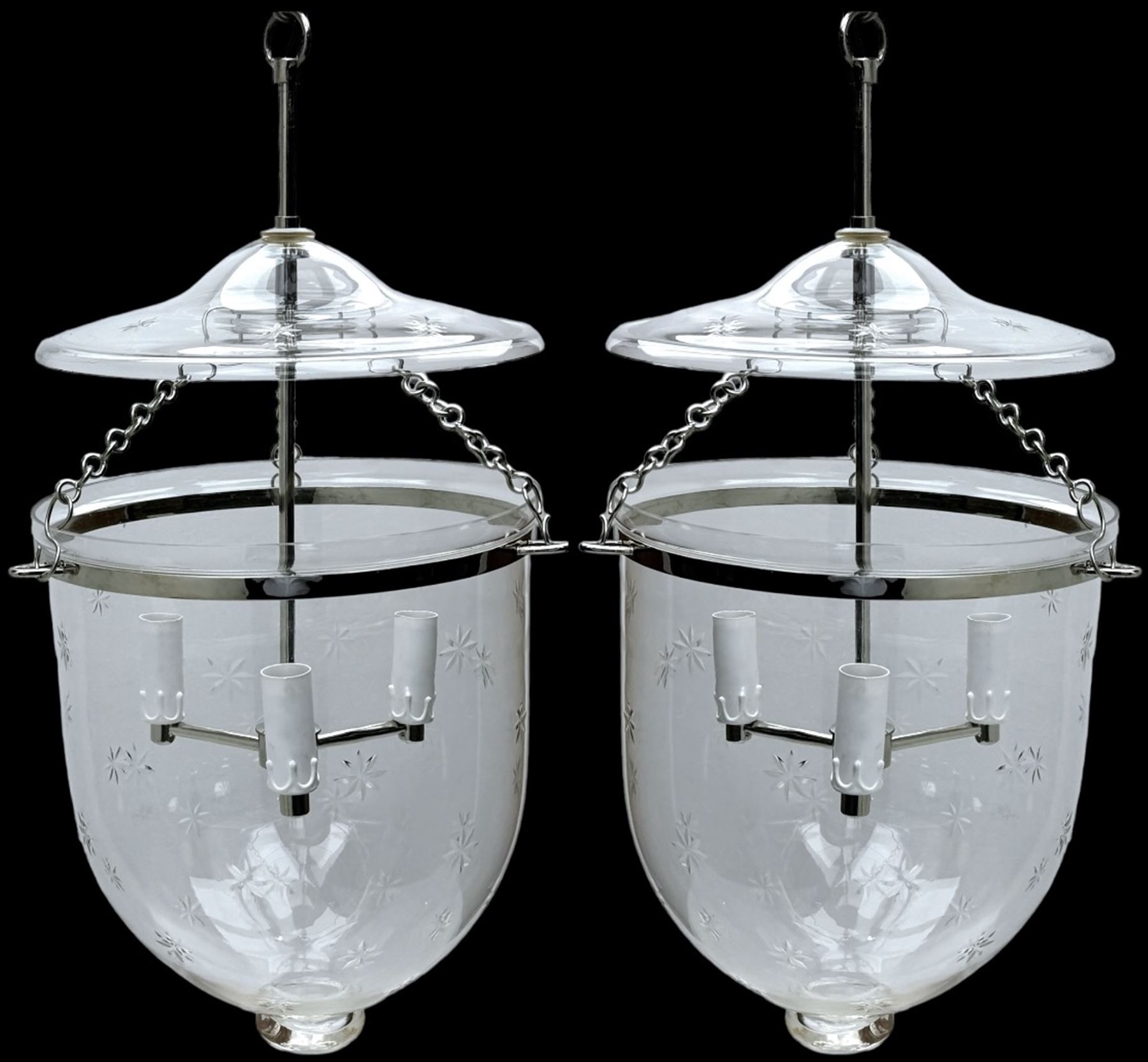 India Jane Interiors - pair of hallway glass bell jar ceiling lanterns, fitted with three branches, decorated with bevelled star motifs - ex-display/bankruptcy stock 