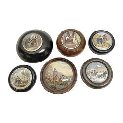 Six framed Prattware pot lids comprising 'Bear, Cock & Lion', 'Bear on Rock', 'Alas! Poor Bruin', ' Lady, Boy and Goats', 'The Shrimpers' and one other, largest D15.5cm (6)