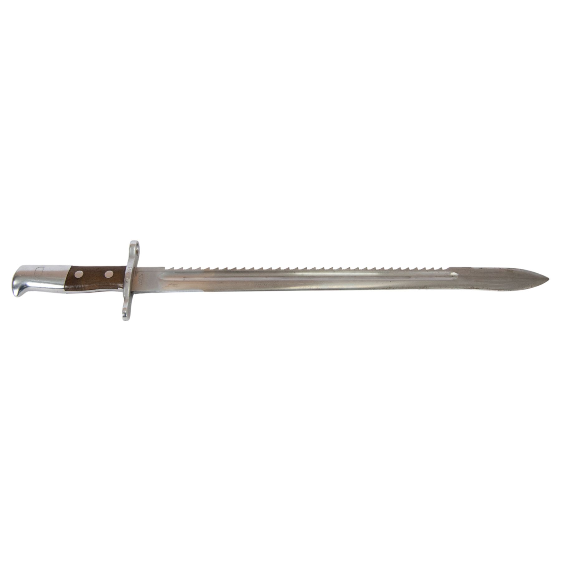 Swiss Pioneer bayonet, with 48cm saw back blade marked to the riccaso Waffenfabrik Neuhausen, steel crossguard marked 752176, with metal scabbard, overall L64cm