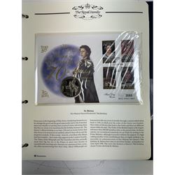 Commemorative coin and stamps covers, including Australia 'Queen's Birthday 1996' containing one dollar coin, Canada 'Her Majesty Queen Elizabeth II 70th Birthday' containing five dollars coin, various commemorative crown coin stamp covers etc, housed in 'The Royal Family' ring binder folder