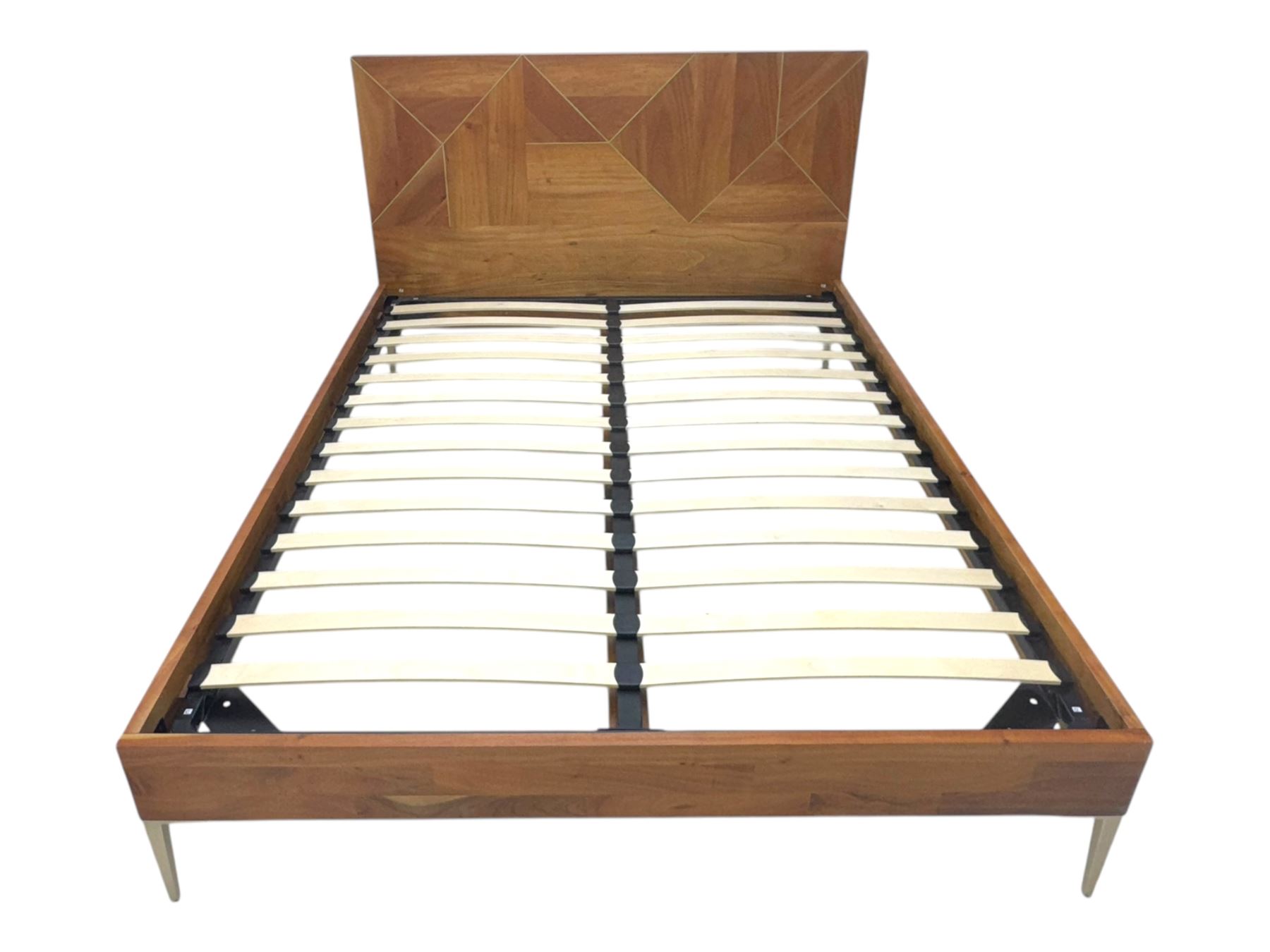 Barker & Stonehouse - contemporary chestnut king size bed frame, with geometric inlaid headboard and brass detailing, slatted base and tapered brass effect legs, together with Dreams ‘Reynolds 1000’ pocket sprung mattress