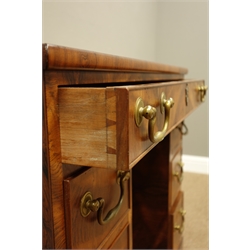  20th century Georgian style mulberry wood kneehole desk with an arrangement of seven drawers and a cupboard on shaped bracket feet, top drawer stamped G. Burton, W78cm, D44cm, H75cm   