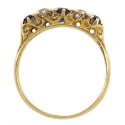 Early-mid 20th century 18ct gold five stone sapphire and diamond ring, stamped