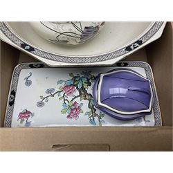 Royal Winton Art Deco style wash jug and bowl, in geometric purple design, together with two other large wash jugs with bowls and other similar ceramics, in three boxes 