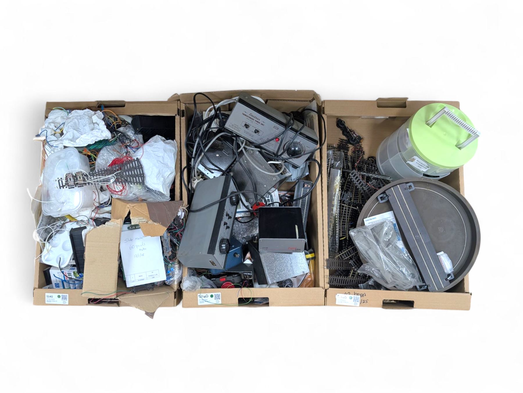 Collection of model railway control units, accessories and tools, including Lenz Digital Plus LZV100 with remote, H and M Electran Transistorised Power Unit, H and M Duette twin supply unit, motors, points, paints, Antex Soldering System, Flockit, etc, in three boxes