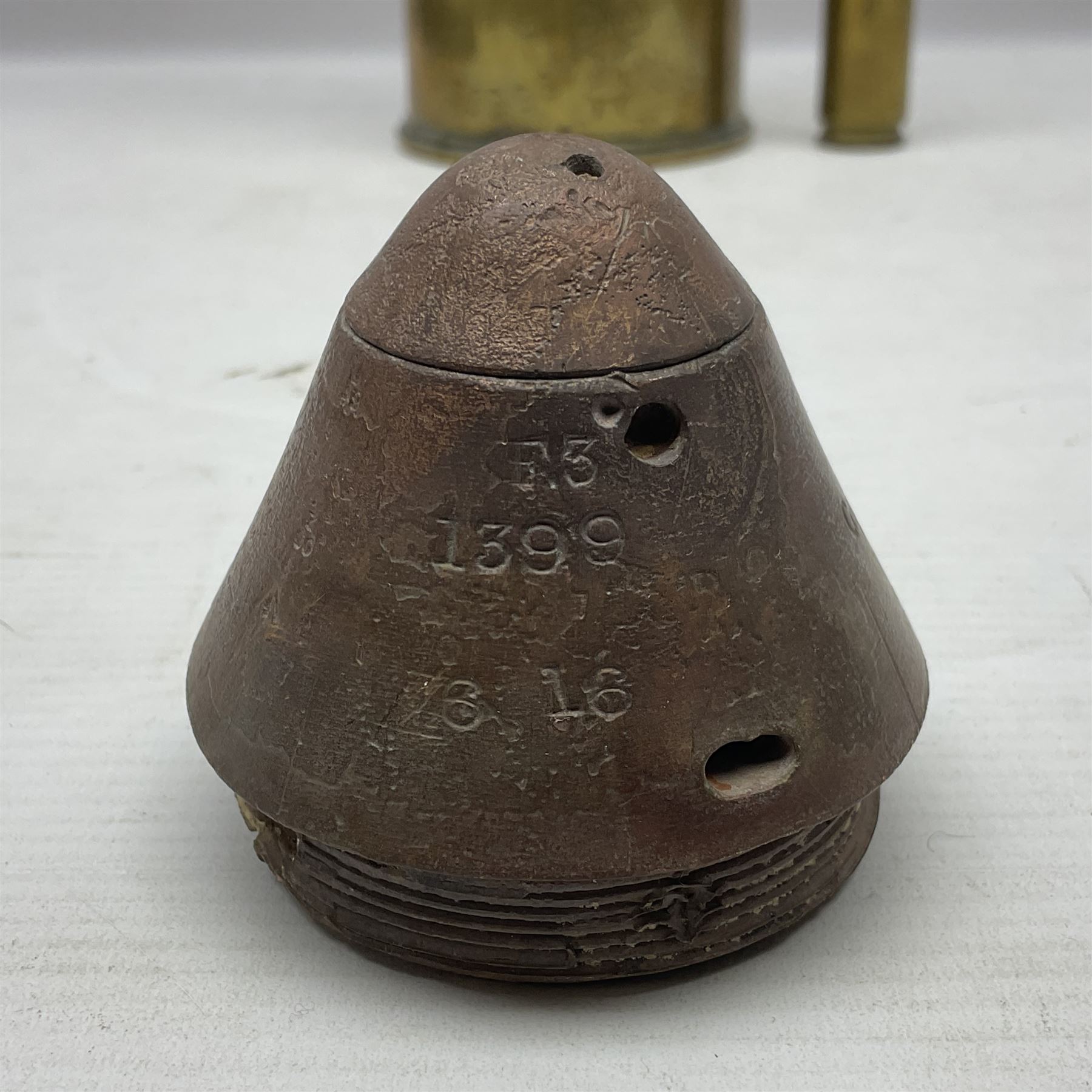 WWI trench art 13-pound anti-aircraft brass shell case engraved Alexandra Princess of Wales, Yorkshire Regiment, bears marks for Royal Ordnance Factory Woolwich 1917 H29cm; WWI British shell fuse dated June 1916; and WWII 20mm brass cannon shell dated 1941 (3)