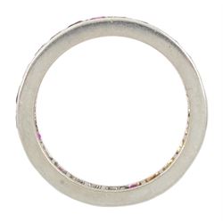 Platinum channel set, calibre cut ruby full eternity ring  