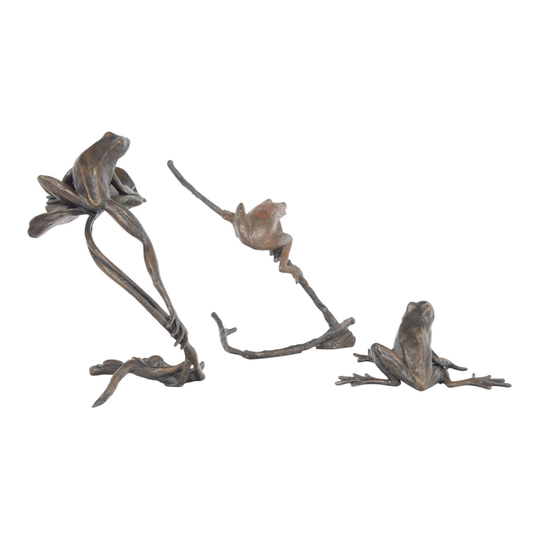 Michael Simpson (British Contemporary): Perching Frogs, set of three limited edition bronzes, monogrammed and numbered 62/100, 10/50 and 26/150, tallest H15cm 