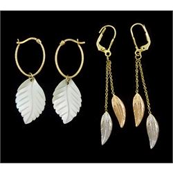 Pair of 14ct rose, white and yellow gold leaf pendant earrings and a pair of 9ct gold mother of pearl leaf pendant earrings