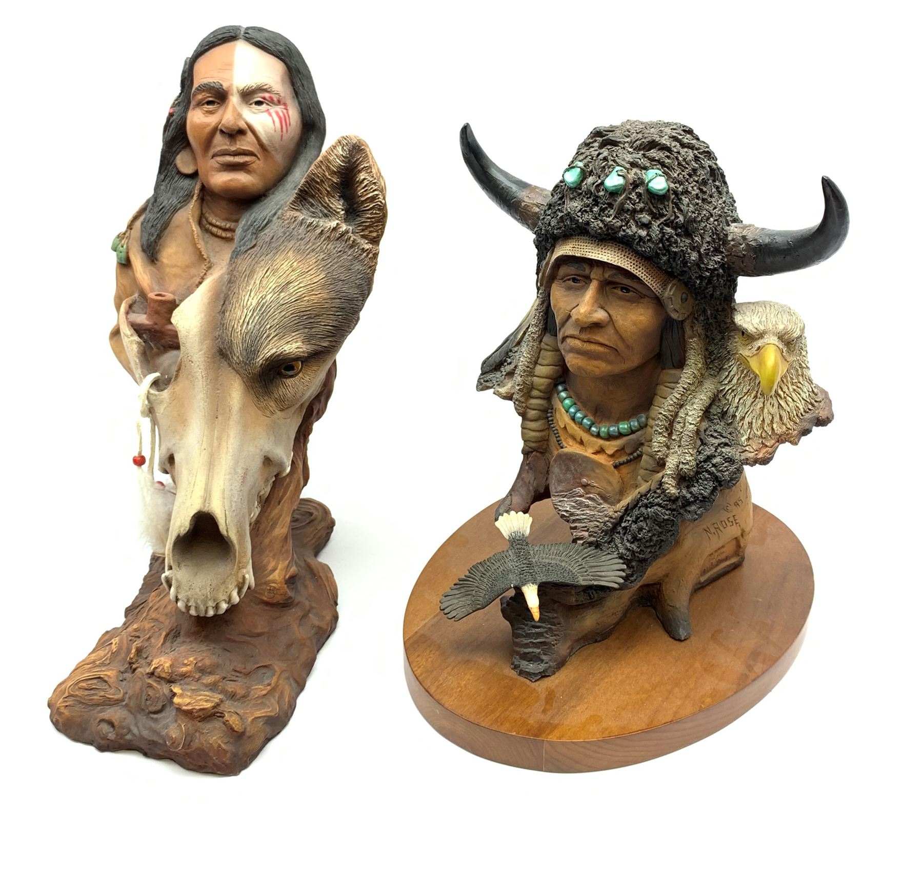 Two J.H. Boone figures of a Native American, 'Vanishing Breeds' and 'Betrayal' by Gary Rose, H32cm & H30cm