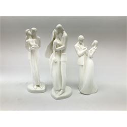 Four Royal Doulton Images figures comprising 'Happy Anniversary', 'Wedding Day', 'Congratulations' and 'Carefree', together with a set of three Heinrich collectors plates depicting Fairies.