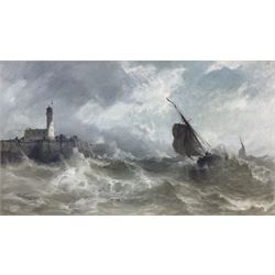 Stephen Frank Wasley (British 1848-1934): Heavy Swell off Scarborough Lighthouse, oil on canvas signed 60cm x 105cm