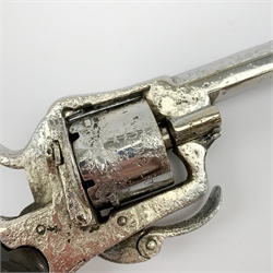 19th century plated Belgian 7mm pin-fire revolver, the six-shot cylinder inscribed 'The Young Lion 1881 New Pattern', with folding trigger and carved walnut split stock, barrel length 7.5cm, overall length 18.5cm