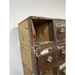 Late 19th century apothecary chemist chest - the largest section fitted with drawers and fall front compartments (W154cm, H122cm, D25cm), two smaller drawer sections (W52cm, H72cm, D25cm & W52cm, H51cm, D25cm), drawers in complete 