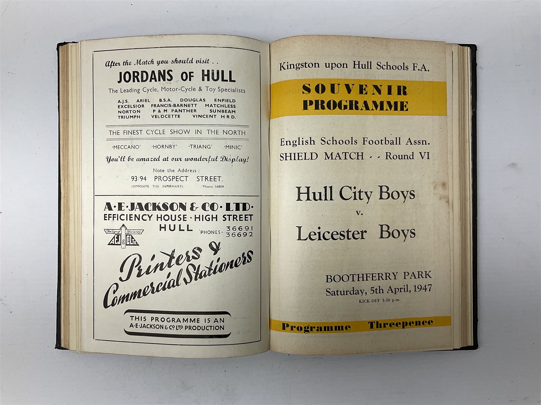 Hull City A.F.C. - two bound volumes of 1940s home match programmes; volume one 1946-7 season containing twenty-six programmes from 31/8/46 to 7/6/47 including Hull City Boys game 5/4/47 against Leicester Boys; volume two 1947-8 season containing twenty-five programmes including Raich Carter's first game 3/4/48 having taken over as player/manager 1/4/48. Uniformly bound in black half leather. Provenance: By direct descent from the family of Raich Carter having been consigned by his daughter Jane Carter.