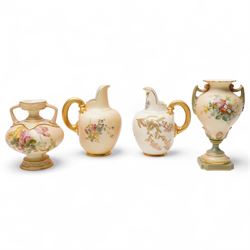 Four pieces of Royal Worcester blush ivory, each decorated with floral sprigs of various flowers, tallest 15.5cm (4)