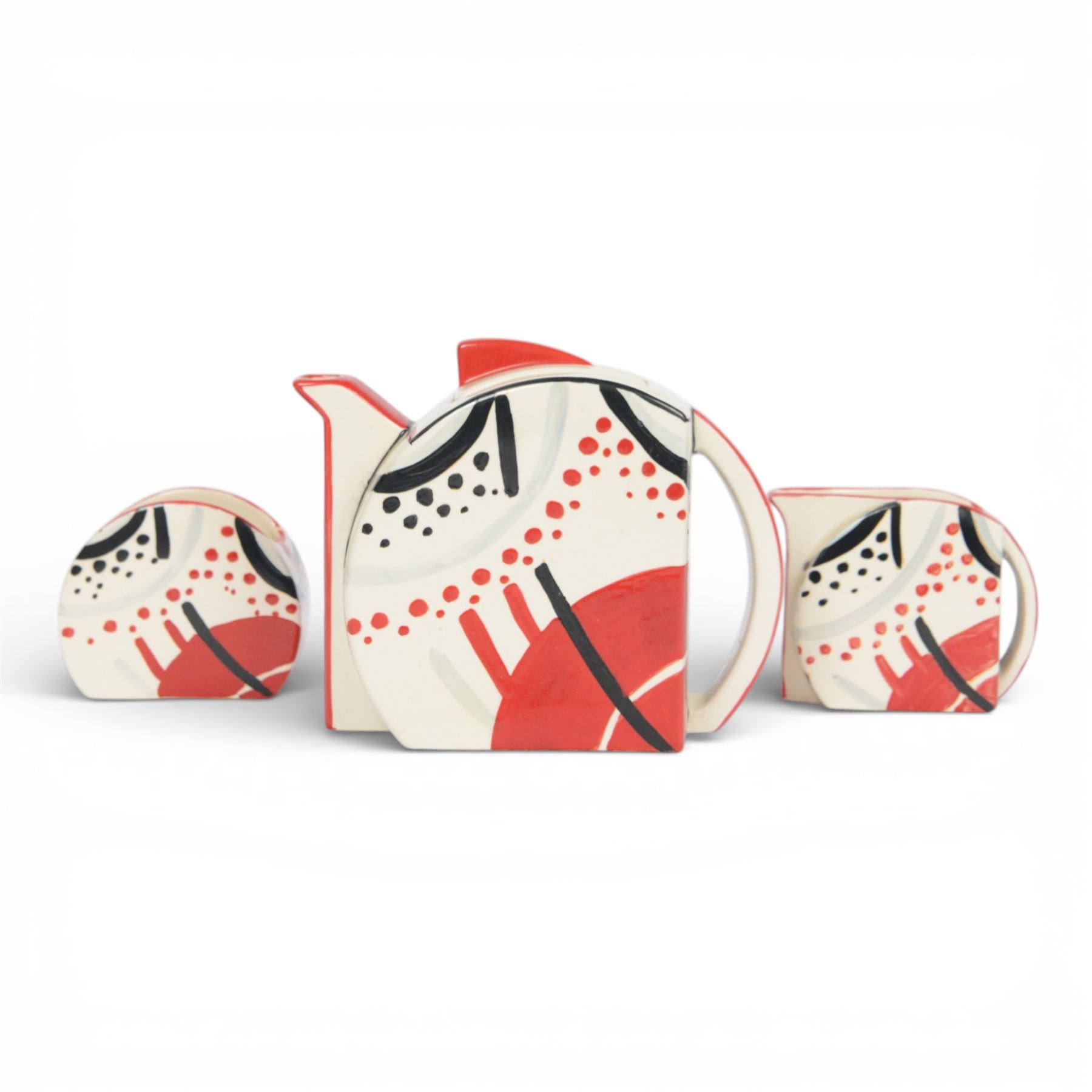 Wedgwood Bizarre by Clarice Cliff, Carpet three piece teaset, hand painted based upon an original, limited edition 213/250, with certificate and box