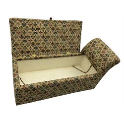 Large upholstered chaise ottoman, hinged seat enclosing storage space