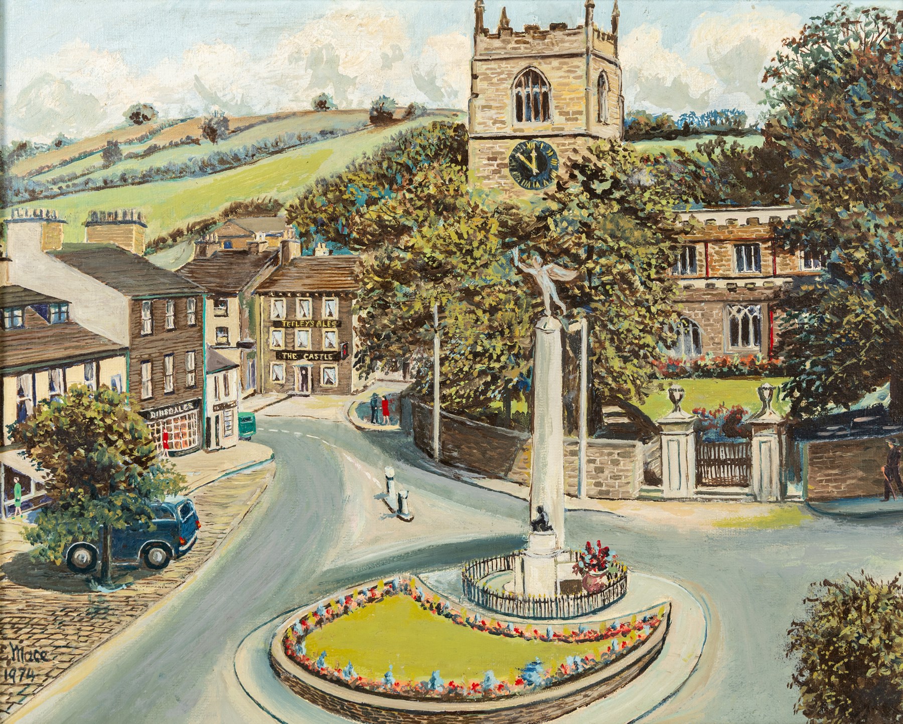 E Mace (British 20th century): Skipton Town Square, oil on board signed and dated 1974, 39.5cm x 49.5cm; Vivien R* (British 20th century): The Humber Estuary, gouache indistinctly signed and dated '93, 24cm x 34.5cm (2)