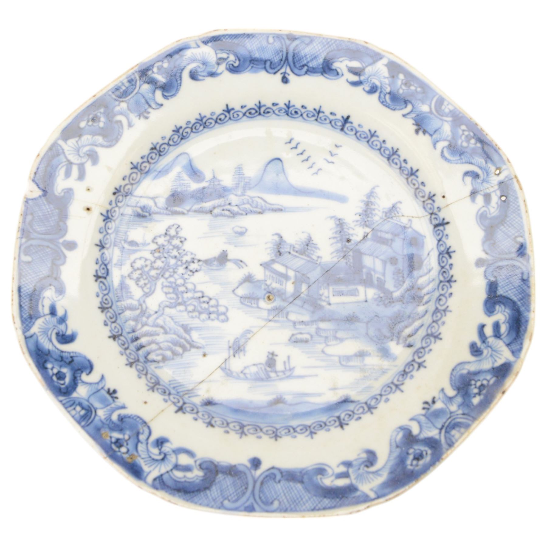 Chinese export plate decorated with a village in a landscape together with two platters 