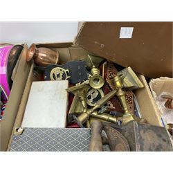 Collection of silver plated cased cutlery including part canteens and butter knives, together with other metal ware including J&J Siddons iron, horse brasses and a copper kettle, 1970s children's annuals including Beano, two handbags and three suitcases, vintage tins etc, in four boxes 