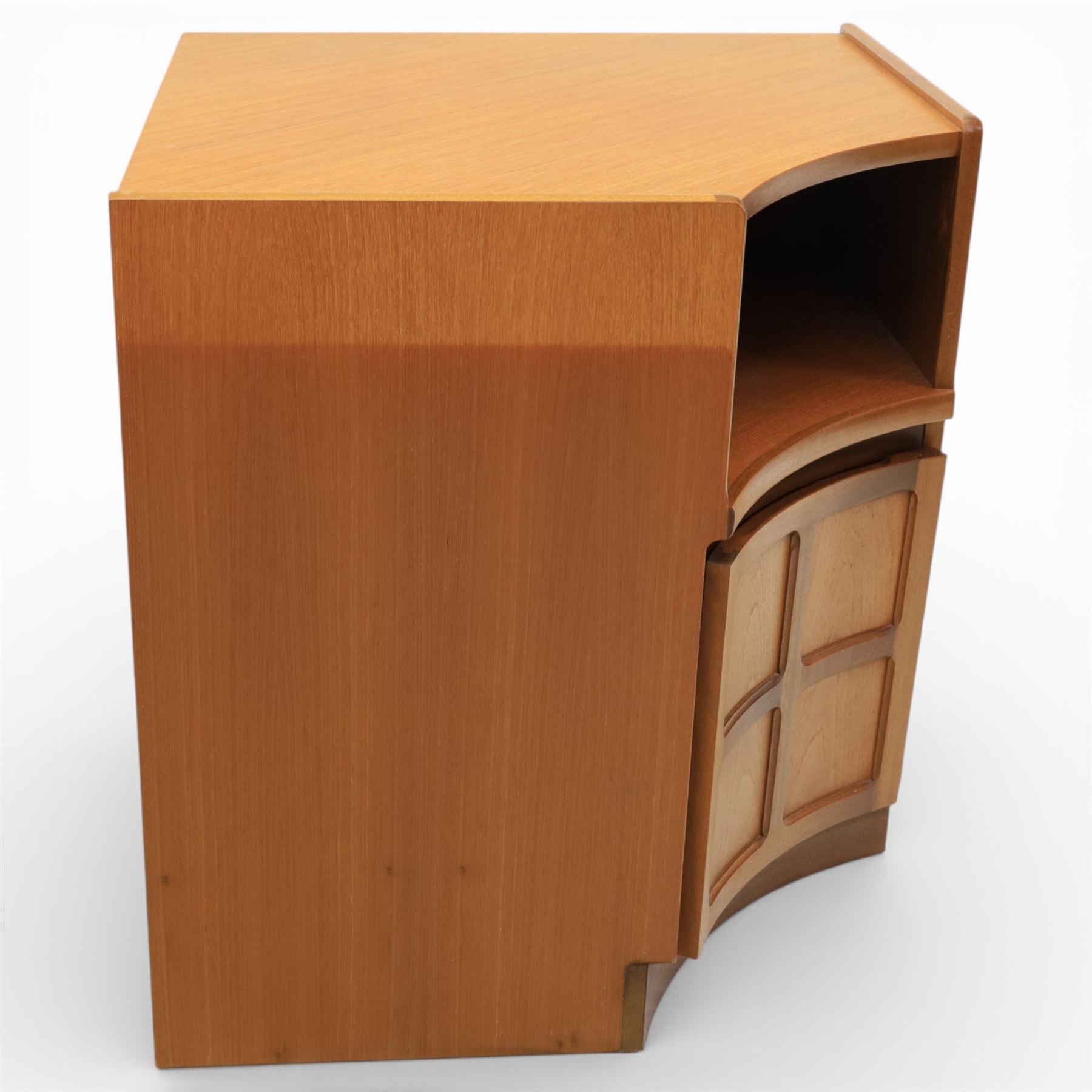 Nathan - concave corner cabinet, each of quarter round form with square top to fit against a wall, with open display compartment above a signature square panelled cupboard door, raised on a recessed plinth base