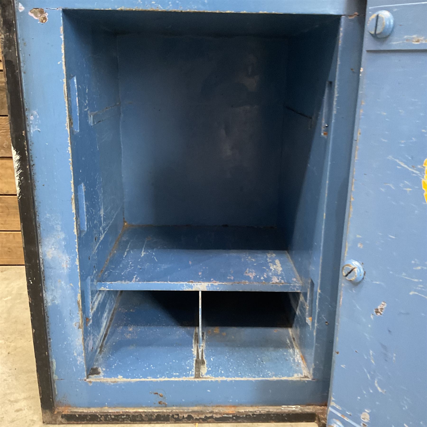 Samuel Withers & Co of West Bromwich - Victorian cast iron safe, the brass handle modelled as a clenched fist, painted in red, orange and black, with key. Ground floor delivery only, no steps.