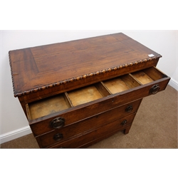  Early 19th century mahogany chest of four cockbeaded graduating drawers, with pine sides,  reel and bobbin mouldings, on shaped bracket supports, W94cm, H100cm, D47cm  