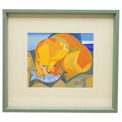 Russian School (Contemporary): Cubist Cat Supper, gouache indistinctly signed and dated '99, 20cm x 24cm