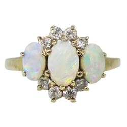 9ct gold three stone opal and cubic zirconia cluster ring, hallmarked