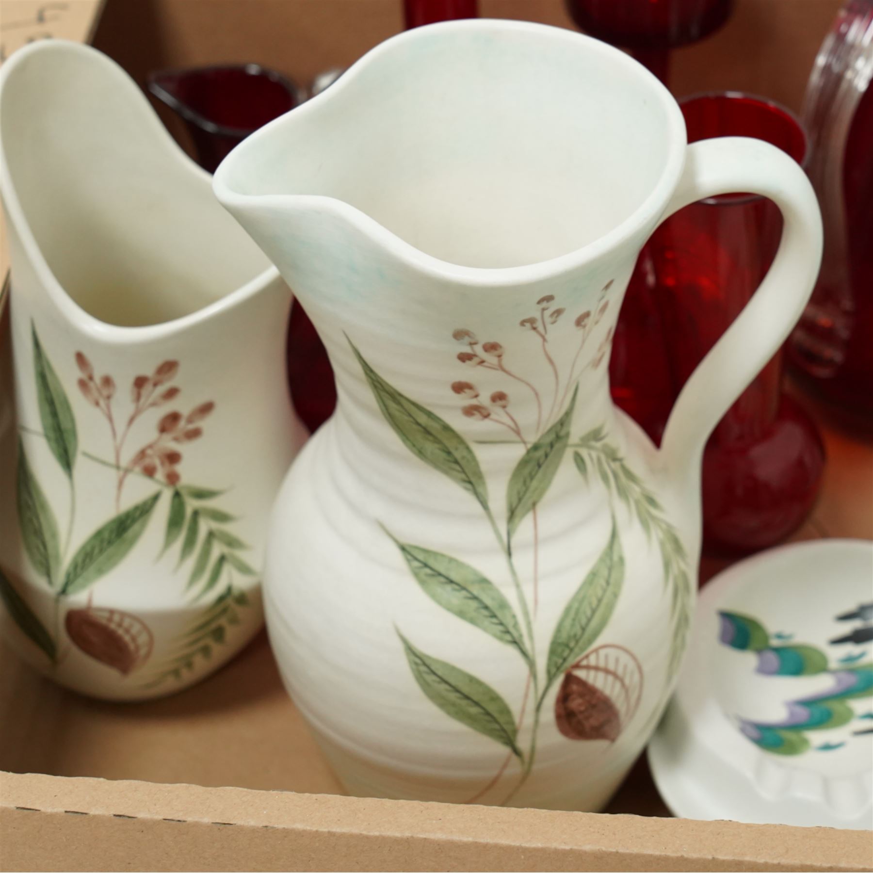 Collection of ruby glass and other art deco wares by E Radford, in one box 