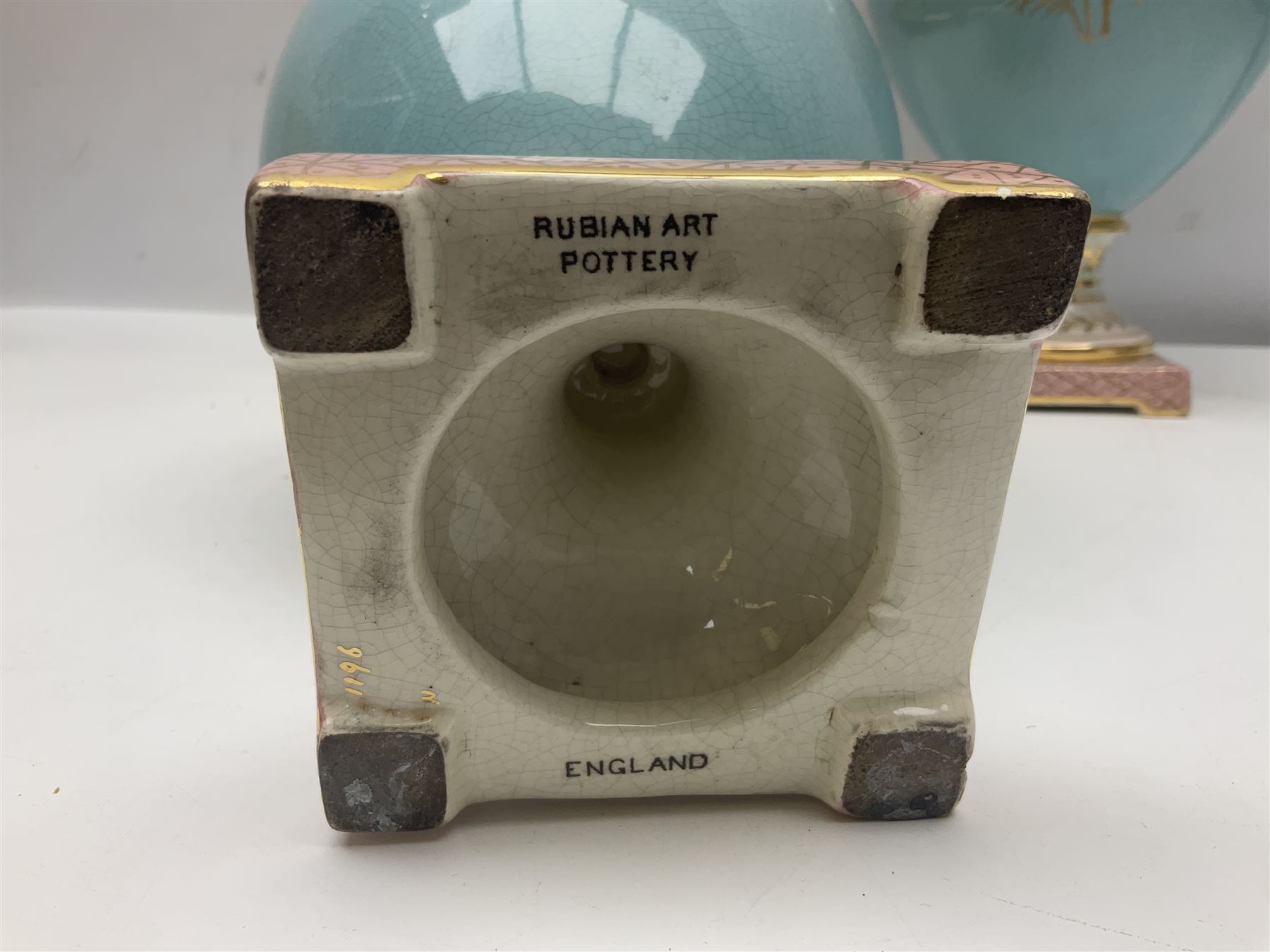 Pair rubian art pottery jugs and pair painted Doulton plates, jugs H42cm