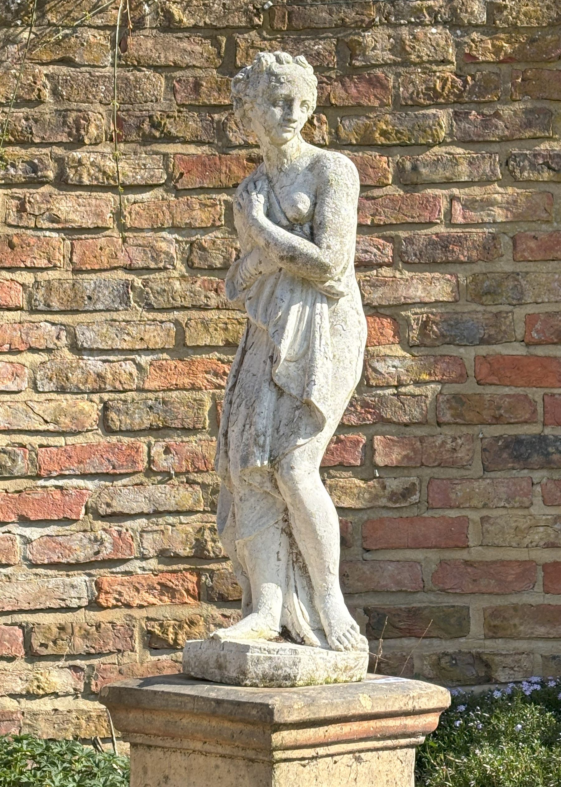 Reconstituted stone garden statue modelled as Pandora. H80cm - COLLECTION BY APPOINTMENT FROM: The White House, Thirsk Road, Easingwold, York, YO61 3NF - CALL 01723 507111 TO ARRANGE